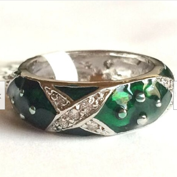 Silver Green Enamel Cubic Zirconia Ring Size 8 9 Band Rhodium Plated Stackable - Picture 6 of 8